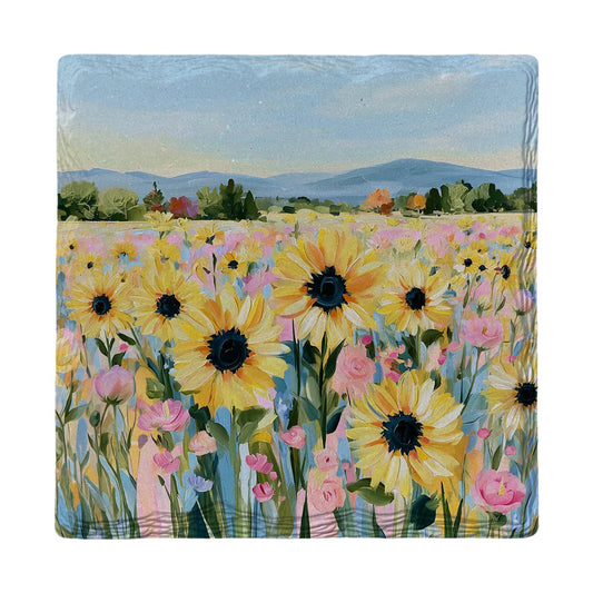 Sunflowers and Pink Blooms | Ceramic Drink Coaster