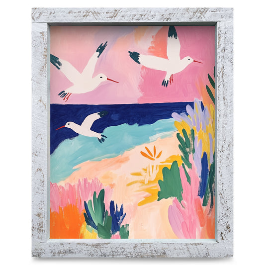 Pink Sky Seagulls  | Real Wood Framed Wall Art Print