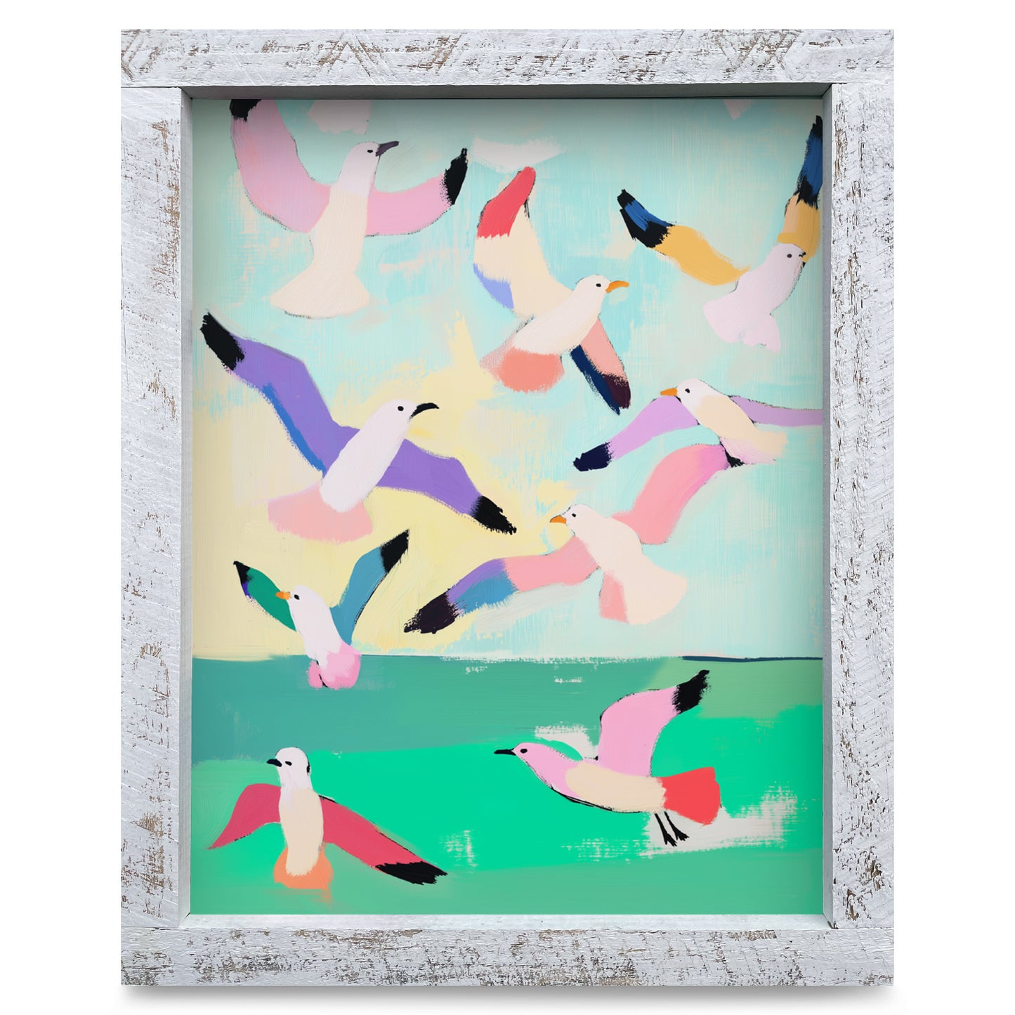 Colorful Seagulls  | Real Wood Framed Wall Art Print