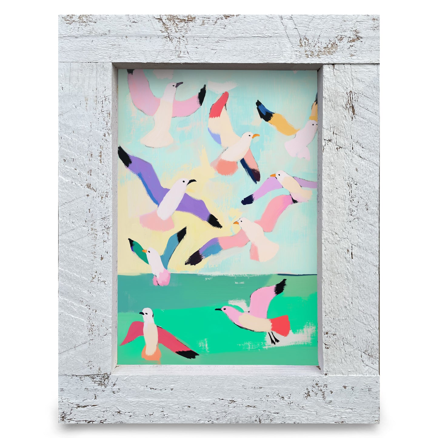 Colorful Seagulls  | Real Wood Framed Wall Art Print