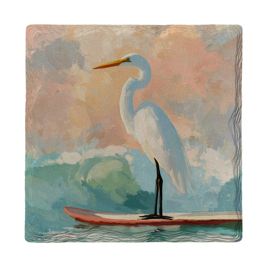 White Heron Surfing | Ceramic Drink Coaster
