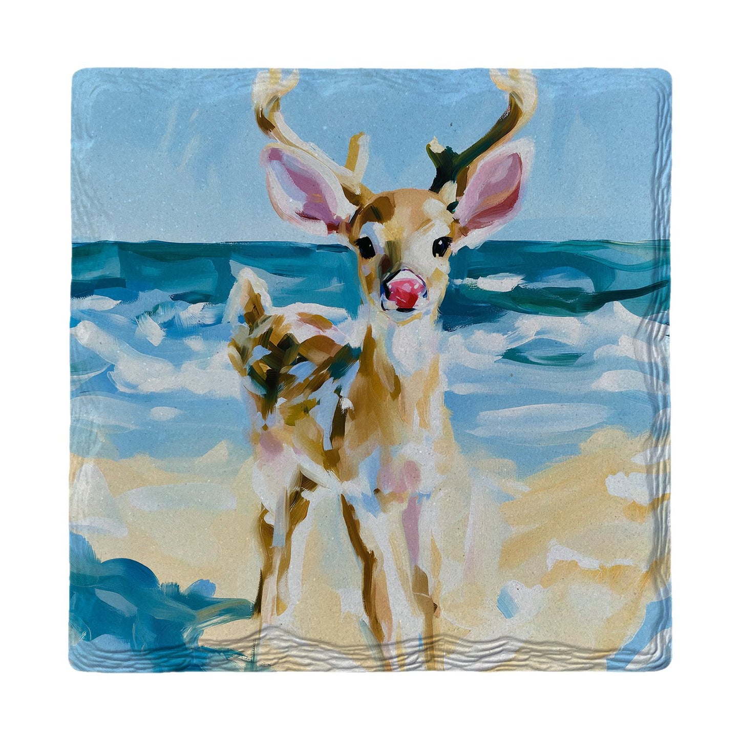 Red-Nosed Beach Reindeer | Ceramic Drink Coaster