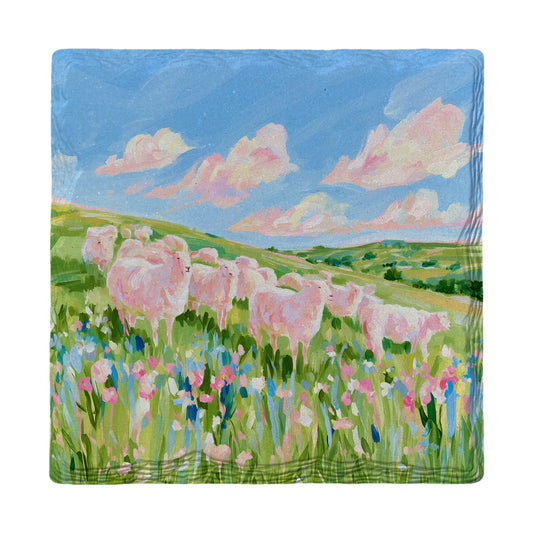 Pink Sheep Meadow absorbent ceramic drink coaster