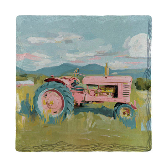 Picturesque Pink Tractor | Ceramic Drink Coaster