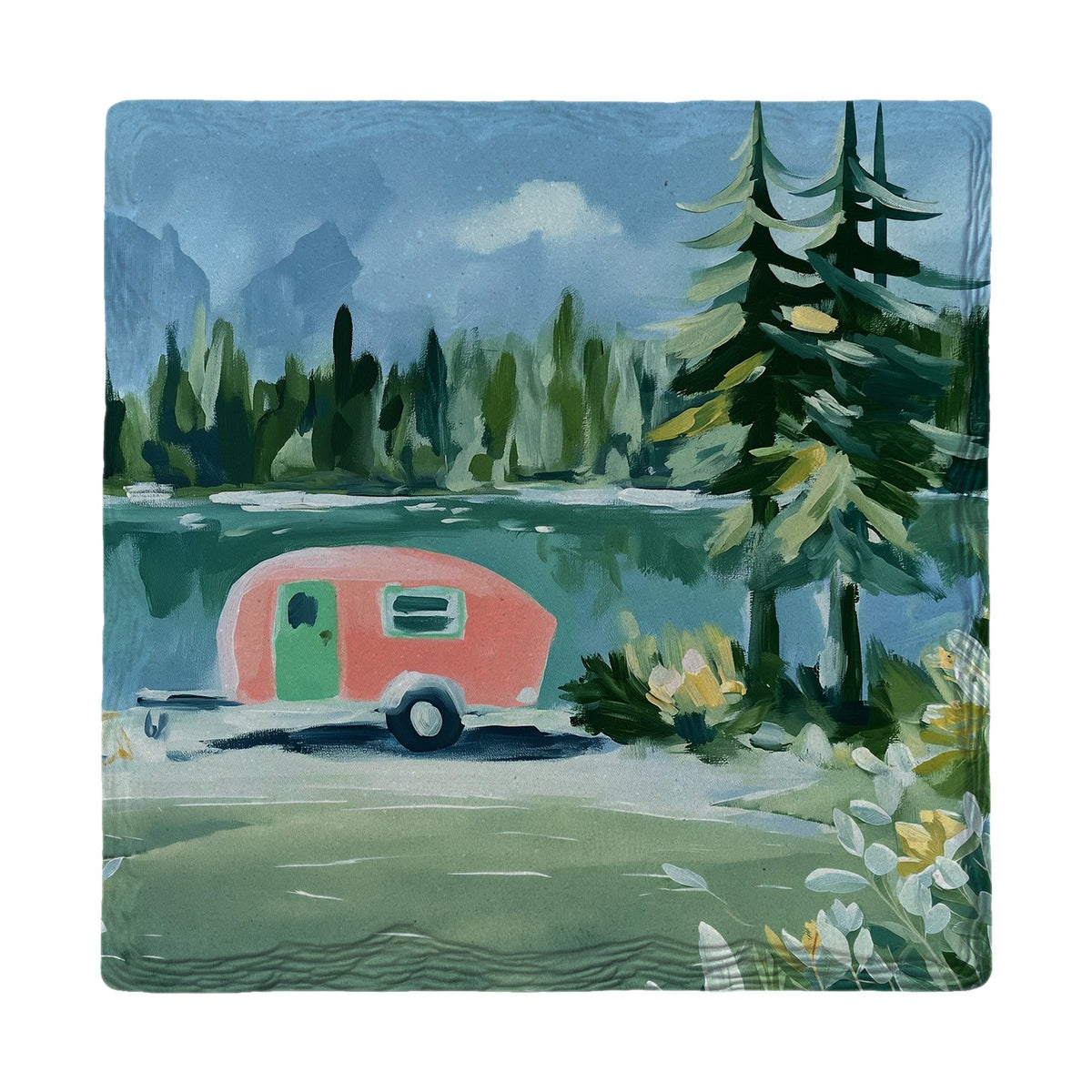 Vintage Camper By The Lake | Ceramic Drink Coaster