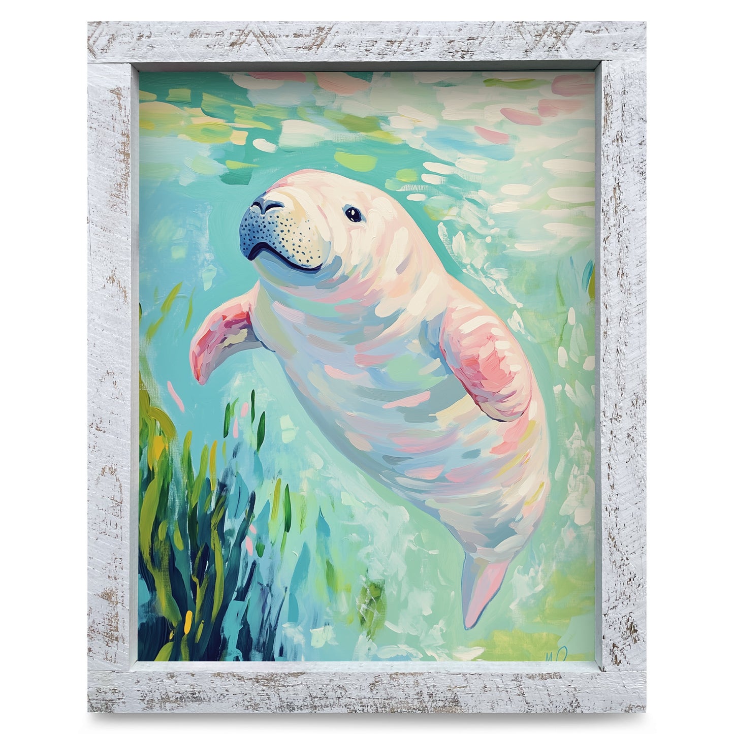 Happy Manatee | Real Wood Framed Wall Art Print