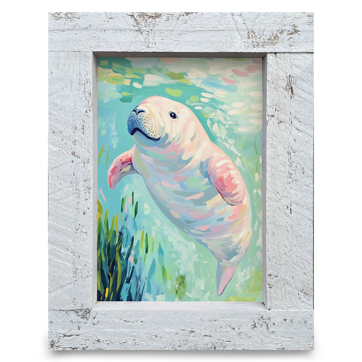 Happy Manatee | Real Wood Framed Wall Art Print