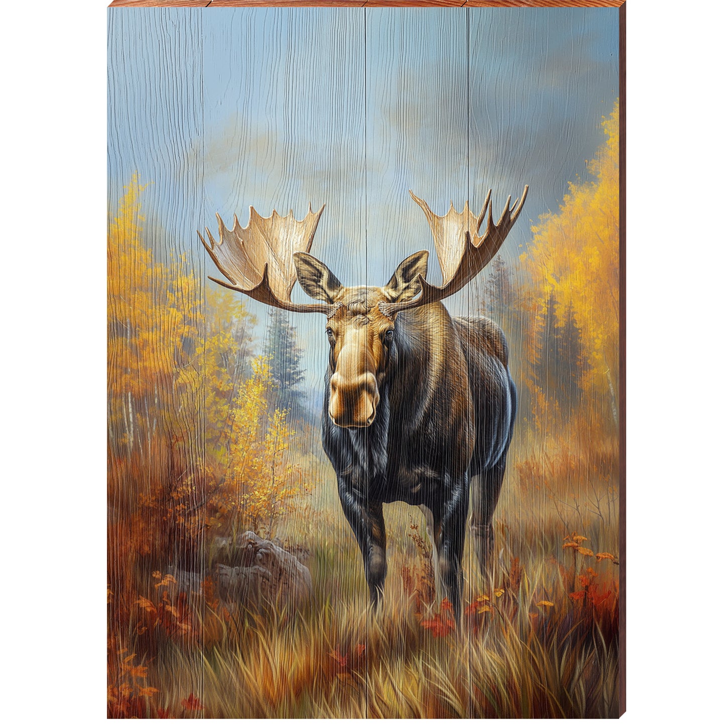 Golden Moose Portrait | Wall Art Print on Real Wood