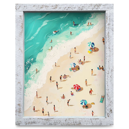 Colorful Busy Beach | Real Wood Framed Wall Art Print