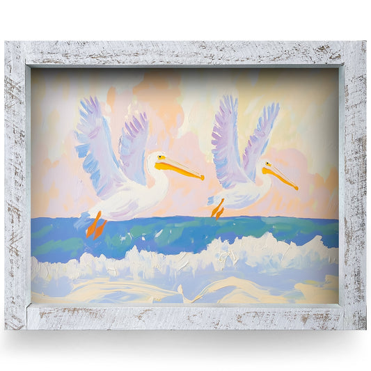 Dreamy Pelicans | Real Wood Framed Wall Art Print