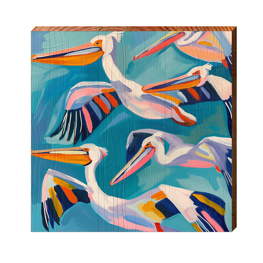 Whimsy Pelicans | Wall Art Print on Real Wood