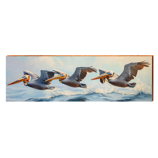 Pelicans at Flight | Wall Art Print on Real Wood