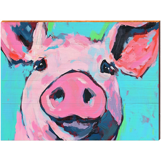 Big Bright Pig Portrait | Wall Art Print on Real Wood