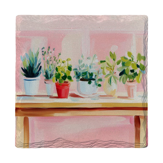 Potted Plants on Pink | Ceramic Drink Coaster