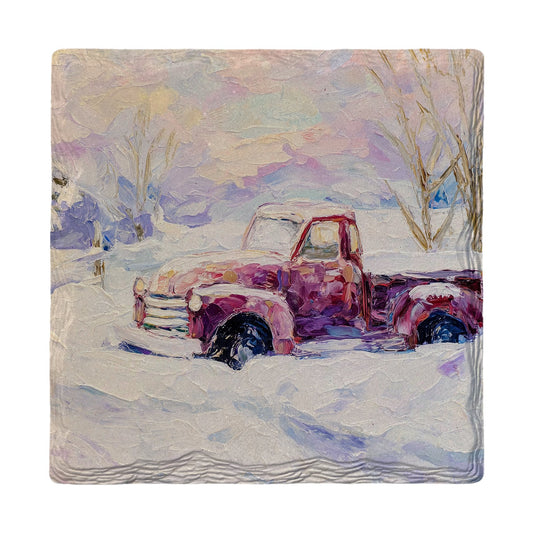 Snowy Red Pickup | Ceramic Drink Coaster