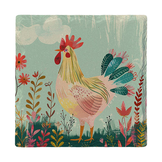 Folk Art Rooster Garden | Ceramic Drink Coaster