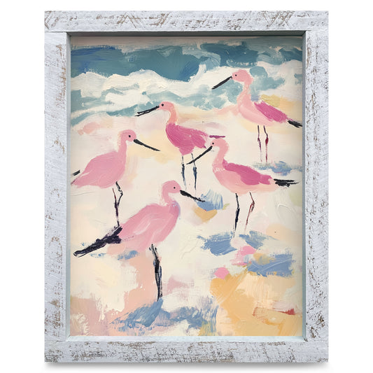 Cute Pink Sandpipers  | Real Wood Framed Wall Art Print