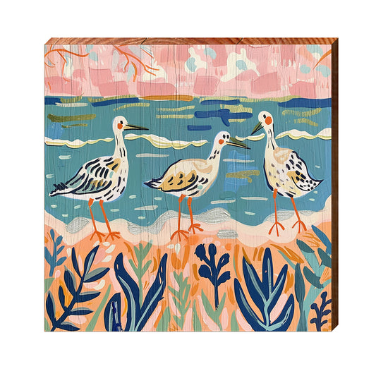 Whimsical Shore Birds | Wall Art Print on Real Wood