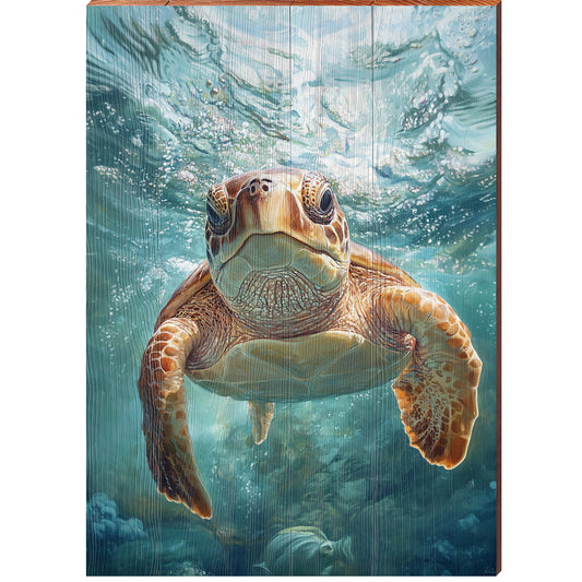 Up Close Sea Turtle Portrait | Wall Art Print on Real Wood