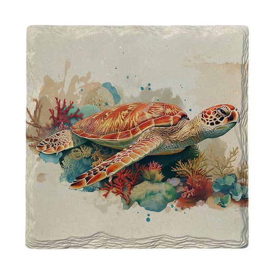 Golden Sea Turtle Coral | Ceramic Drink Coaster