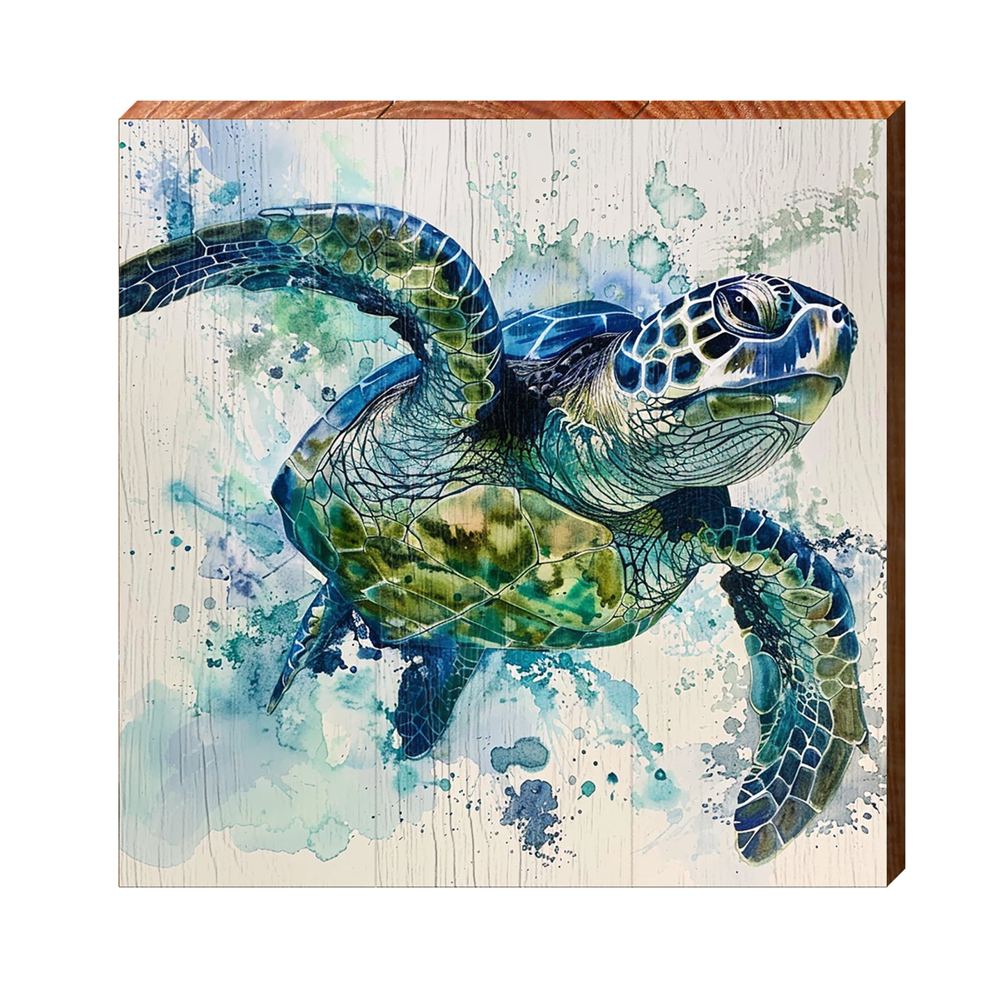 Watercolor Blue Sea Turtle | Wall Art Print on Real Wood