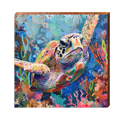 Colorful Sea Turtle | Wall Art Print on Real Wood