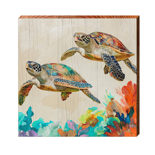 Colorful Sea Turtle Duo | Wall Art Print on Real Wood