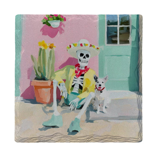 Porch Skeleton and Pup | Ceramic Drink Coaster