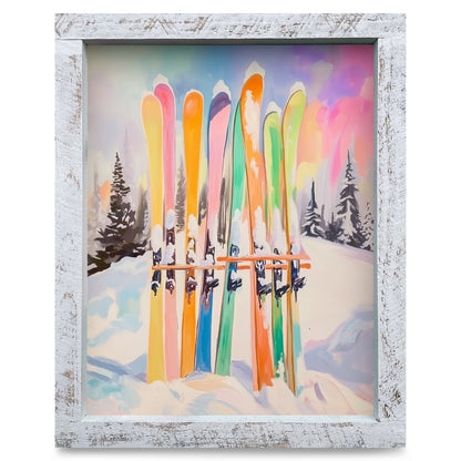 Colorful Skis & Pines | Real Wood Framed Wall Art Print