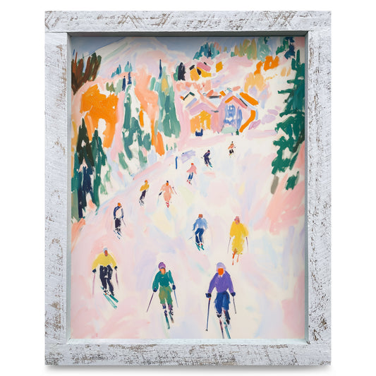 Colorful Downhill Skiers | Real Wood Framed Wall Art Print