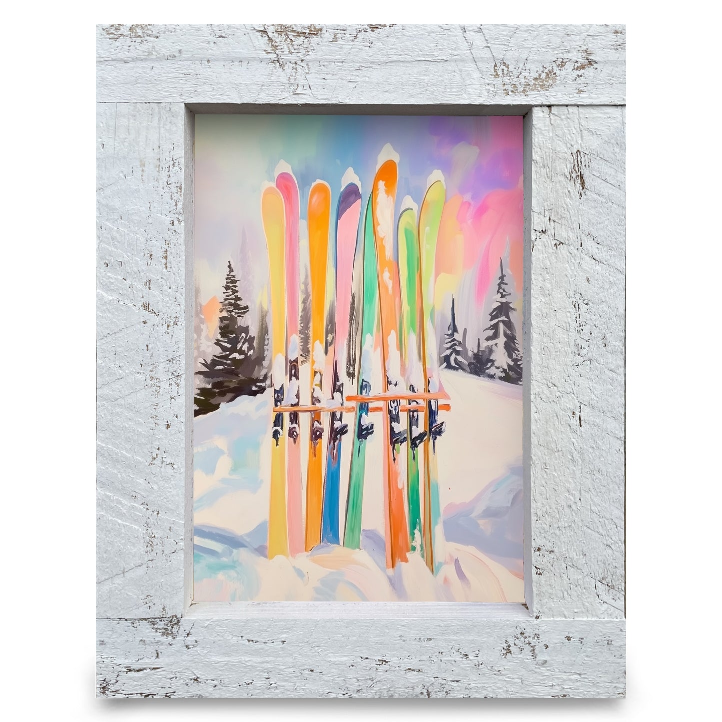 Colorful Skis & Pines | Real Wood Framed Wall Art Print