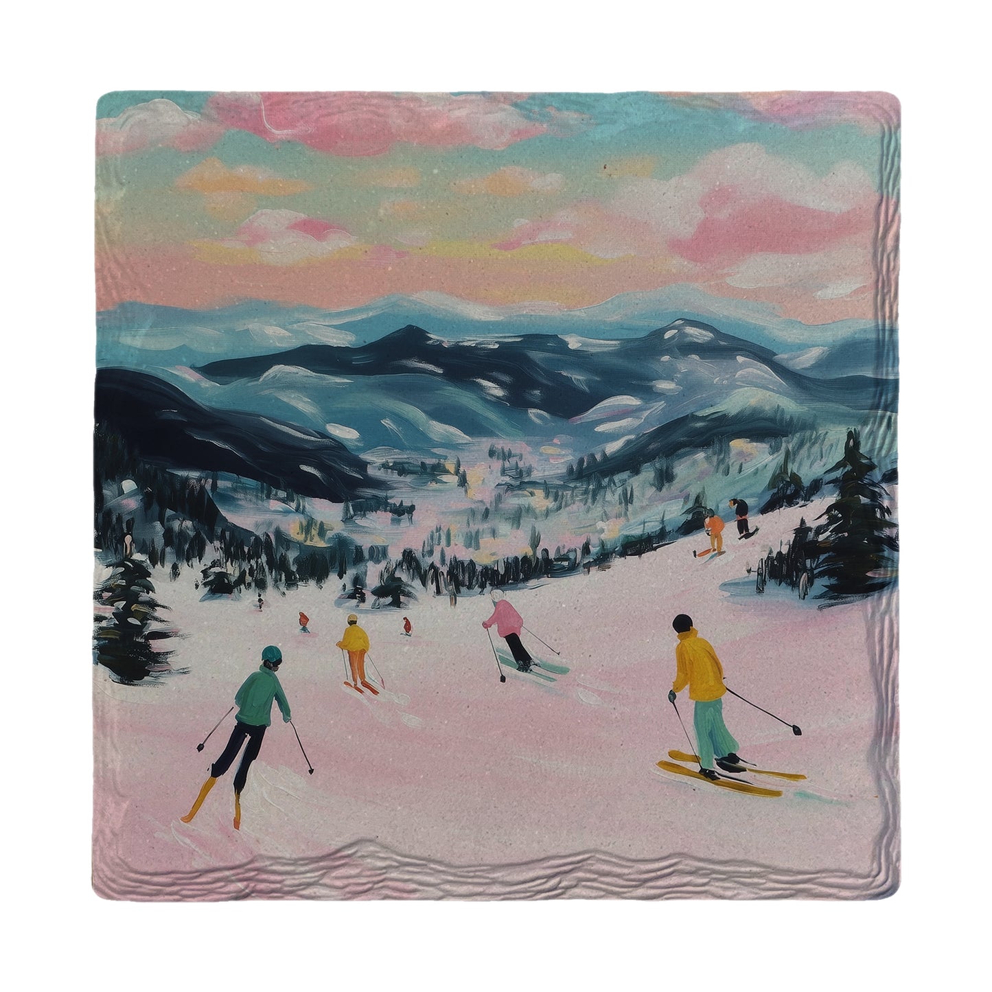 Colorful Eastern Ski Scene | Ceramic Drink Coaster