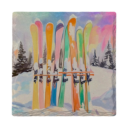 Colorful Skis & Pines | Ceramic Drink Coaster