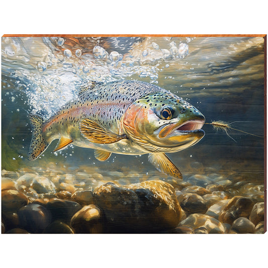 Rainbow Trout Chasing Fly | Wall Art Print on Real Wood