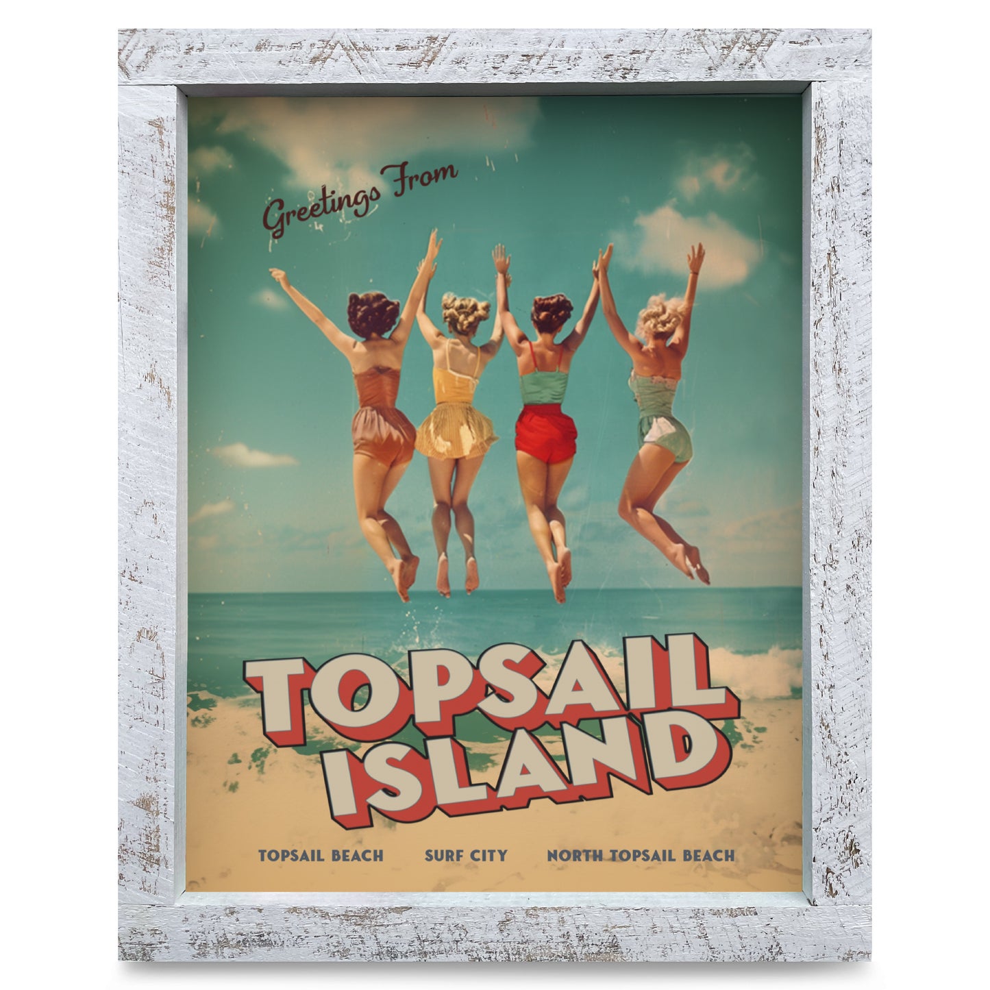 Customizable Vintage Jumping Beach Girls | Real Wood Framed Wall Art Print