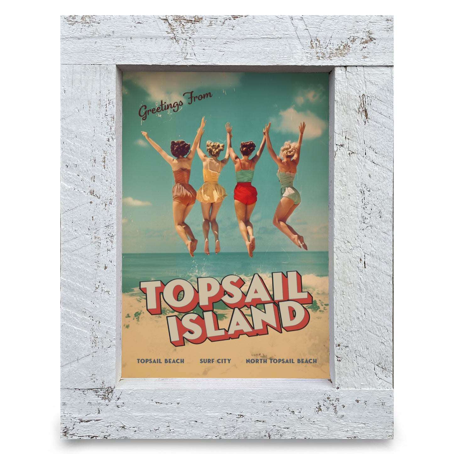 Customizable Vintage Jumping Beach Girls | Real Wood Framed Wall Art Print