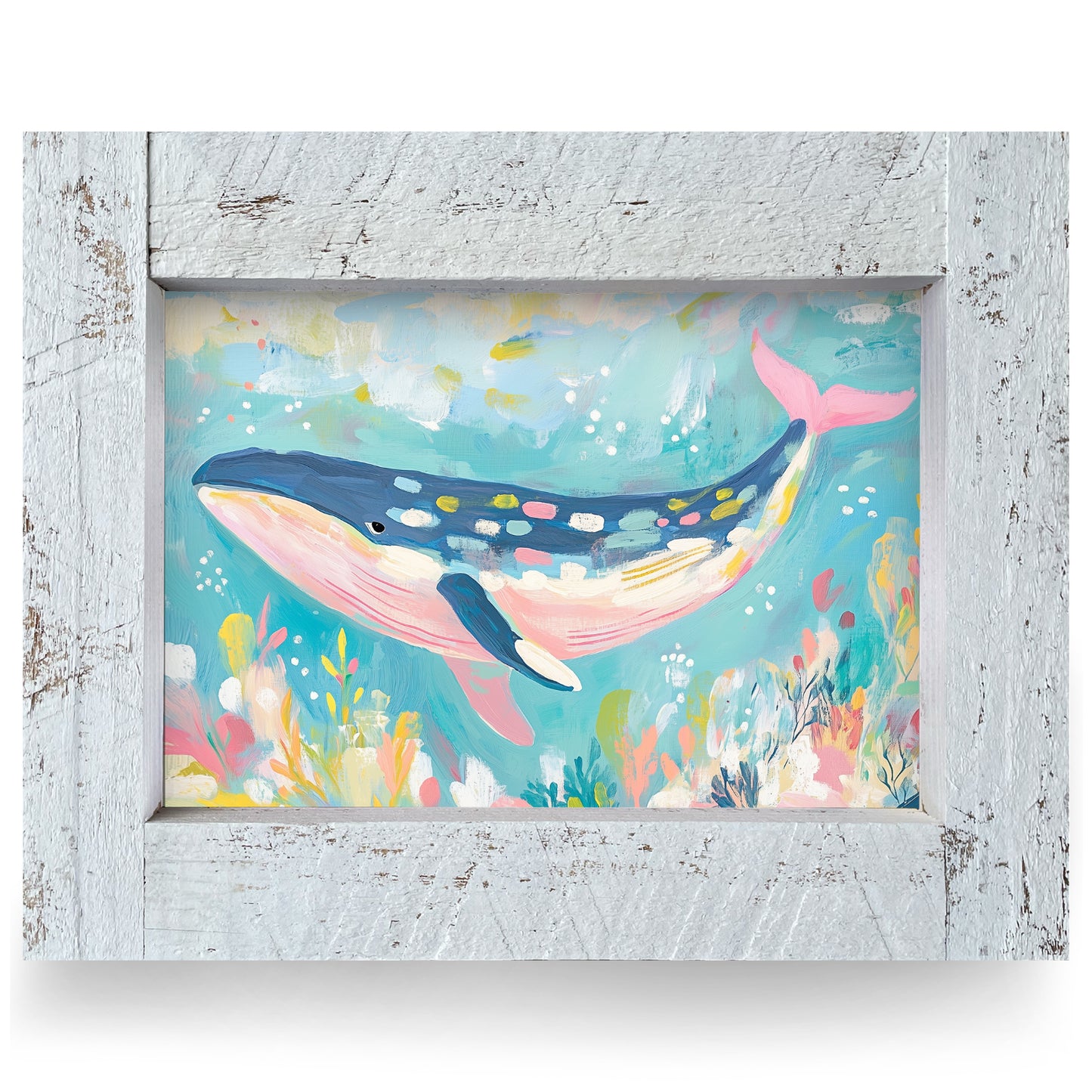 Cute Colorful Whale | Real Wood Framed Wall Art Print