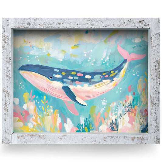 Cute Colorful Whale | Real Wood Framed Wall Art Print