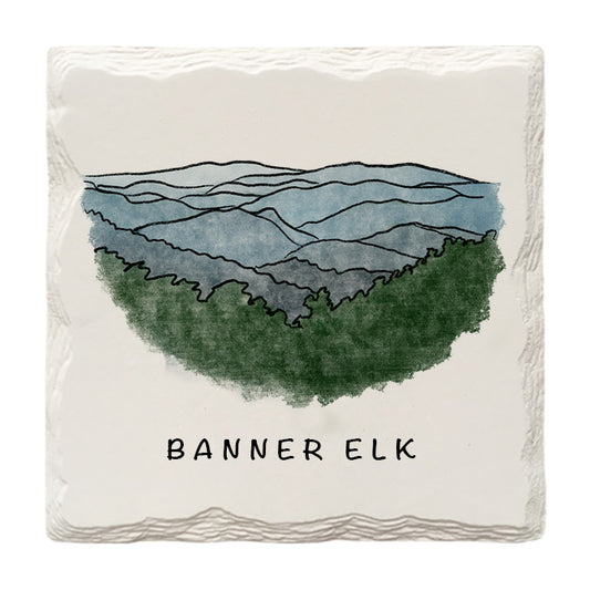 Customizable Eastern Mountain Scene Doodle | Drink Coaster | Absorbent Ridged Ceramic