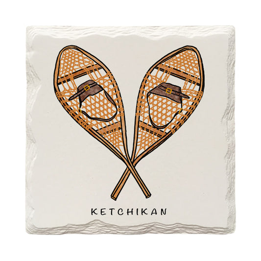 Customizable Crossed Snowshoes Doodle | Drink Coaster | Absorbent Ridged Ceramic