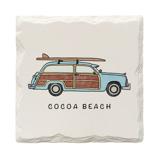 Customizable Woody Surf Wagon Doodle | Drink Coaster | Absorbent Ridged Ceramic