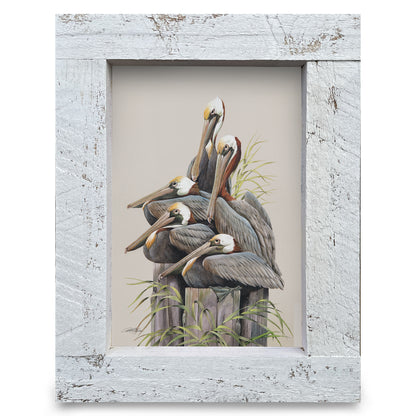 Pelicans on Pylon  | Real Wood Framed Wall Art Print | Art Lamay