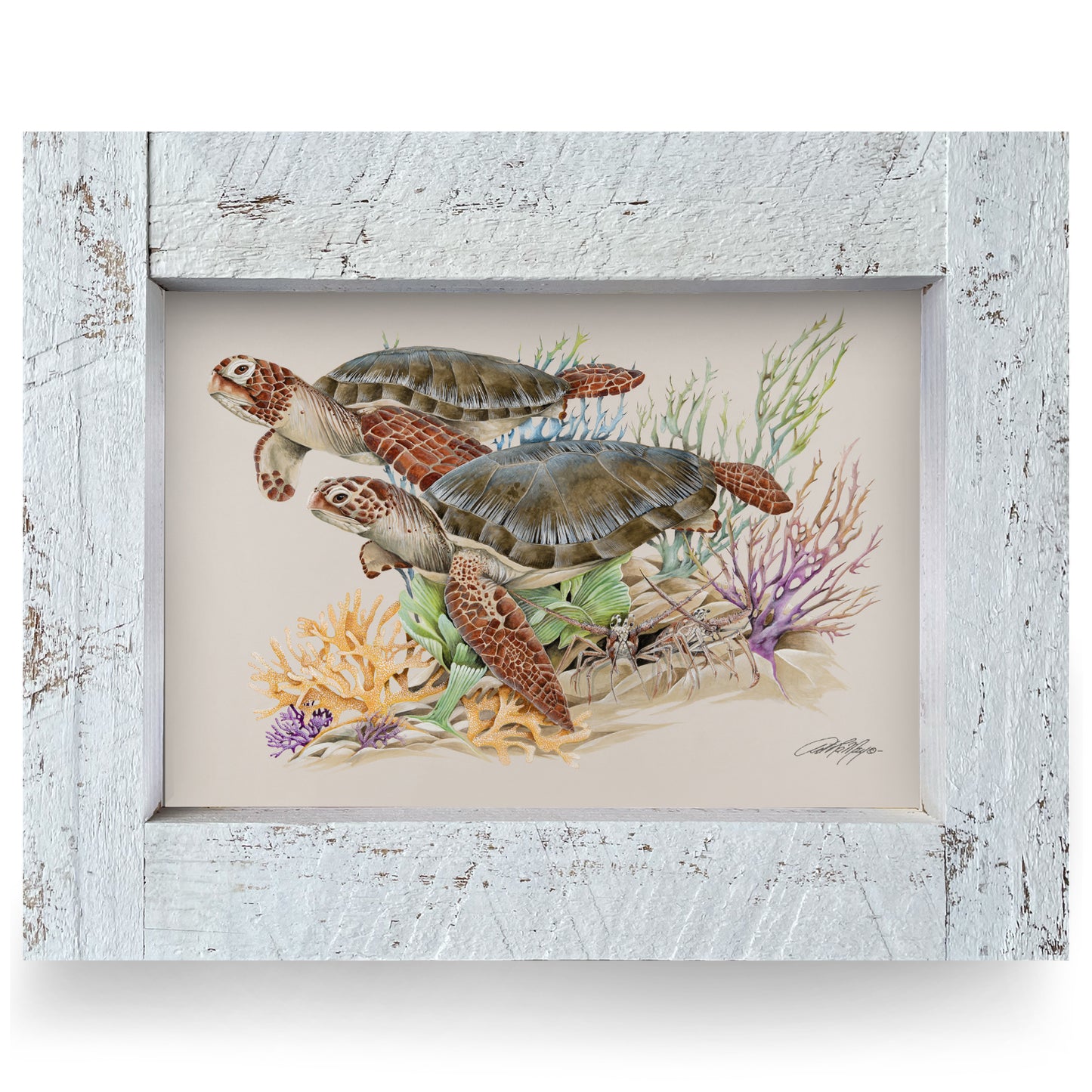 Sea Turtles Swimming | Real Wood Framed Wall Art Print | Art Lamay