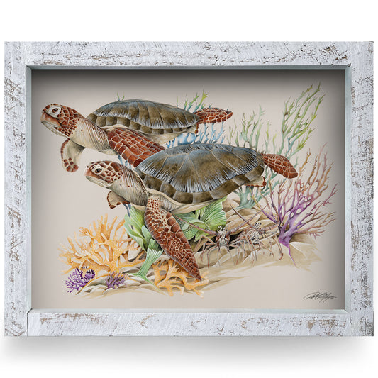 Sea Turtles Swimming | Real Wood Framed Wall Art Print | Art Lamay