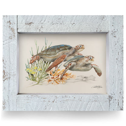 Sea Turtle Duo | Real Wood Framed Wall Art Print | Art Lamay