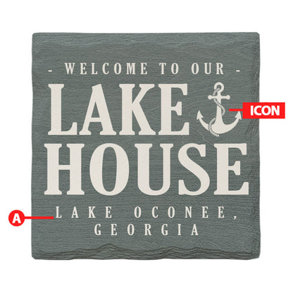 Customizable Lodge Blue Lake House Drink Coaster | Icon choice | Absorbent Ridged Ceramic