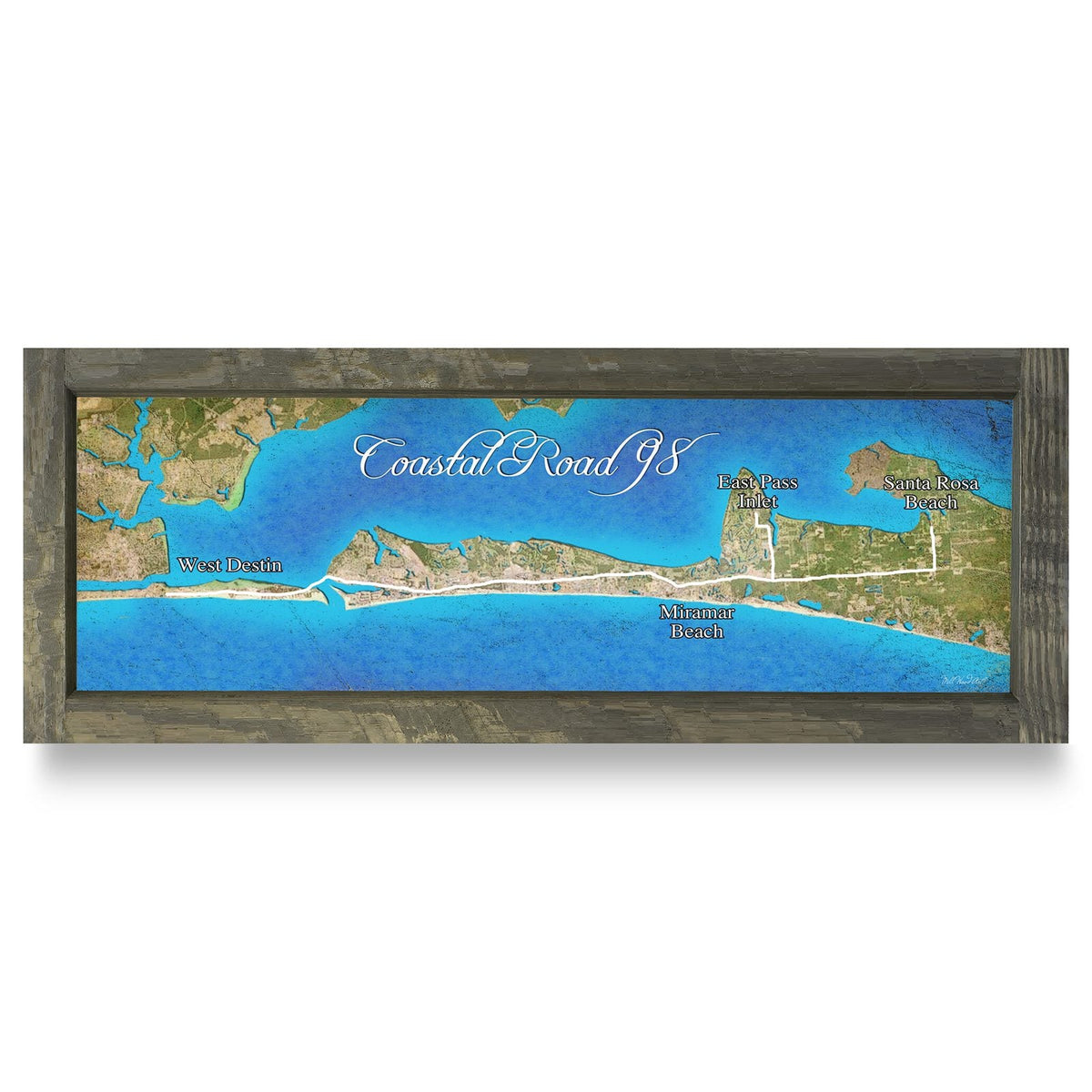 Coastal Road 98, Florida Map | Real Wood Framed Wall Art Print