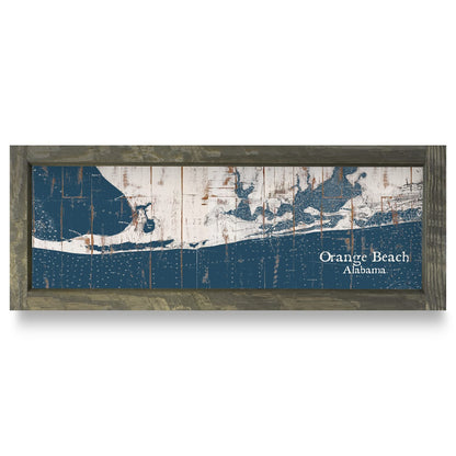 Orange Beach, Alabama Navy & White Shabby Map | Real Wood Framed Wall Art Print