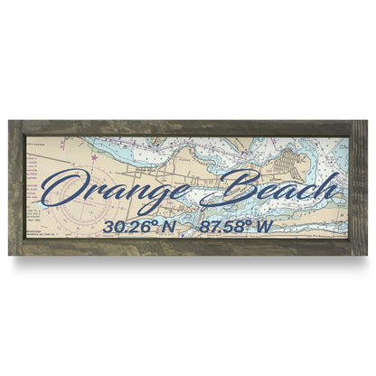 Orange Beach, Alabama Bold Latitude Longitude Chart Map | Real Wood Framed Wall Art Print