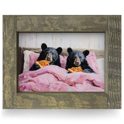 Bear-flix & Pizza | Real Wood Framed Wall Art Print | Horizontal